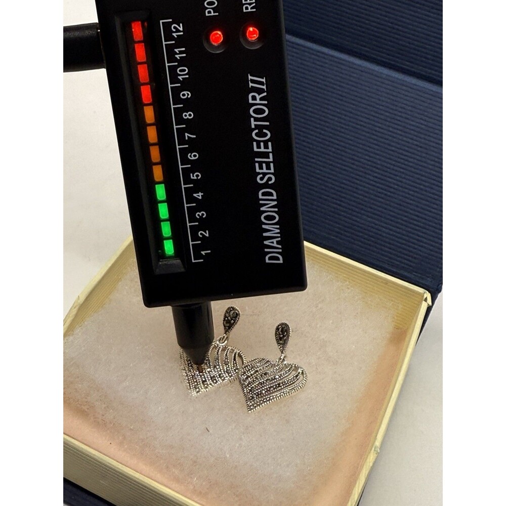 Vintage Heart Shaped Sterling Silver 925 & Marcasite Earrings Diamond Read Descr - Picture 5 of 12